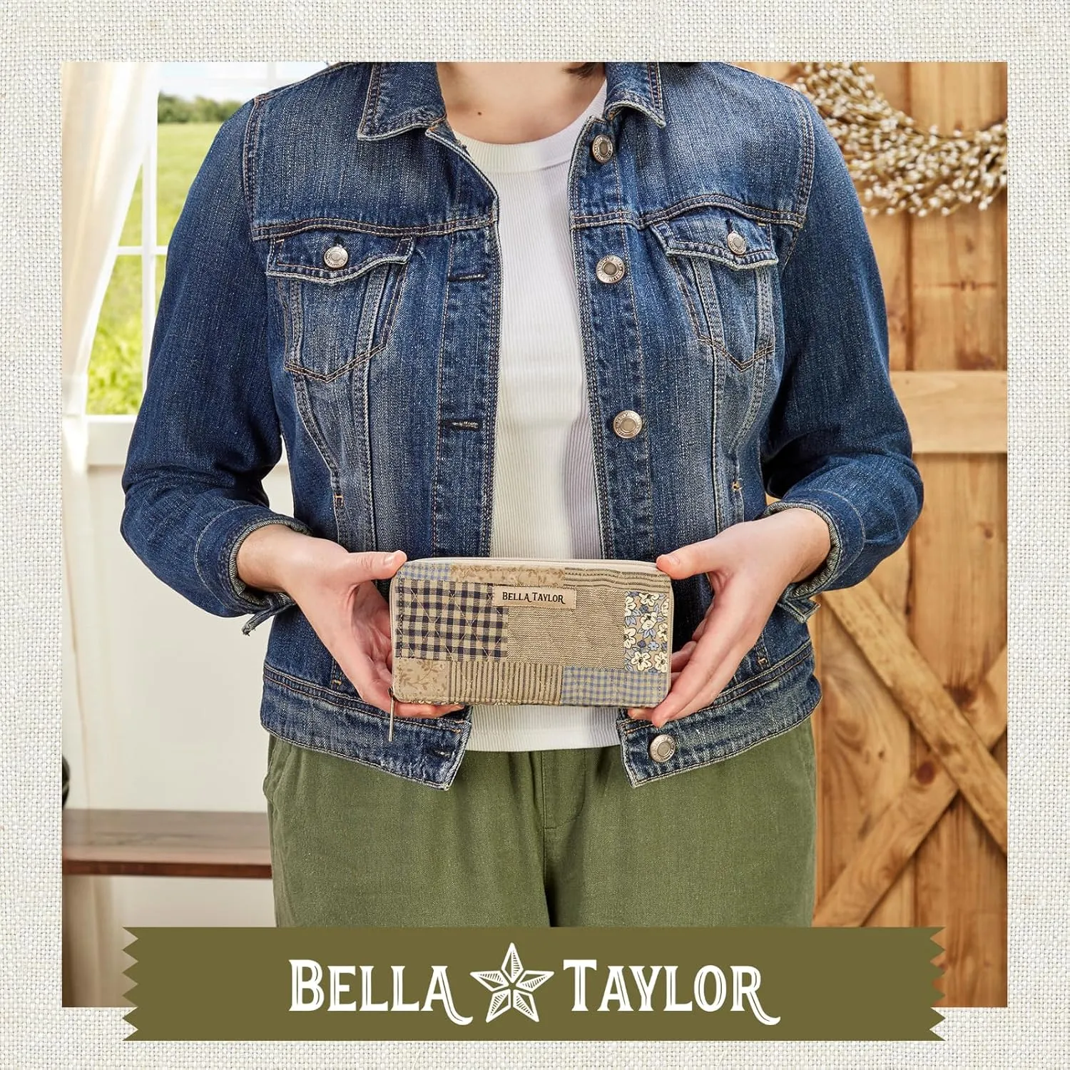 Bella Taylor Slim Card Wallet for Women | Quilted Cotton Fabric Zip Around Credit Card Wallet with RFID Protection | Khaki Patchwork