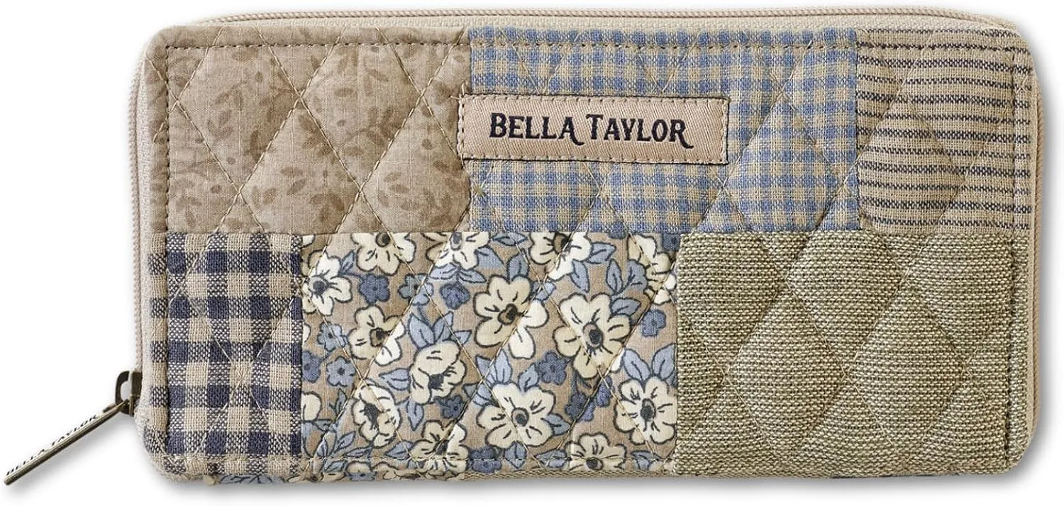 Bella Taylor Slim Card Wallet for Women | Quilted Cotton Fabric Zip Around Credit Card Wallet with RFID Protection | Khaki Patchwork