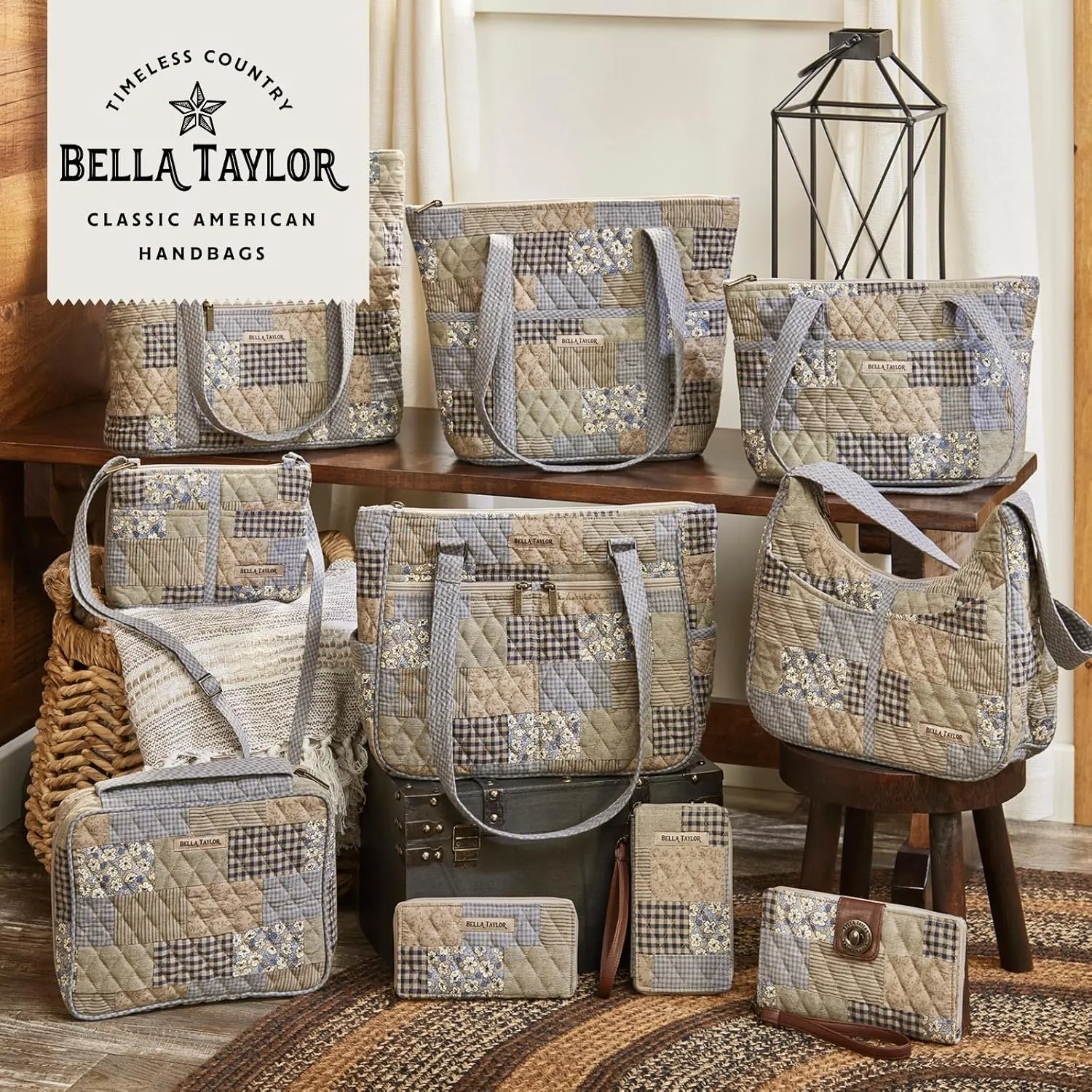 Bella Taylor Slim Card Wallet for Women | Quilted Cotton Fabric Zip Around Credit Card Wallet with RFID Protection | Khaki Patchwork