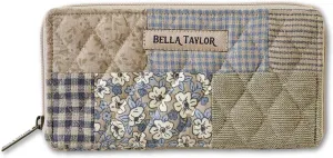 Bella Taylor Slim Card Wallet for Women | Quilted Cotton Fabric Zip Around Credit Card Wallet with RFID Protection | Khaki Patchwork