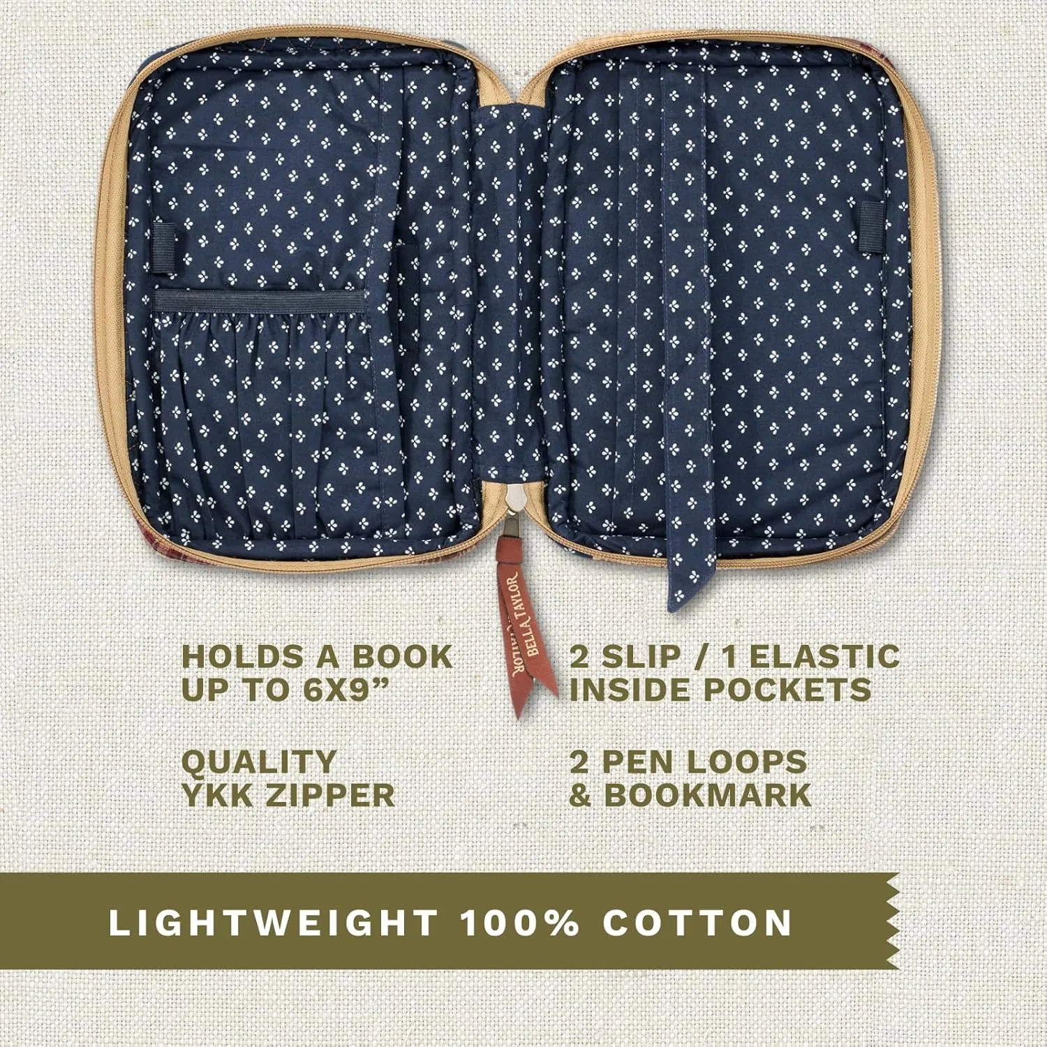 Bella Taylor Small Bible Cover for Women - Quilted Cotton Bible Case for 6 x 9 inch Books - Primitive Patch