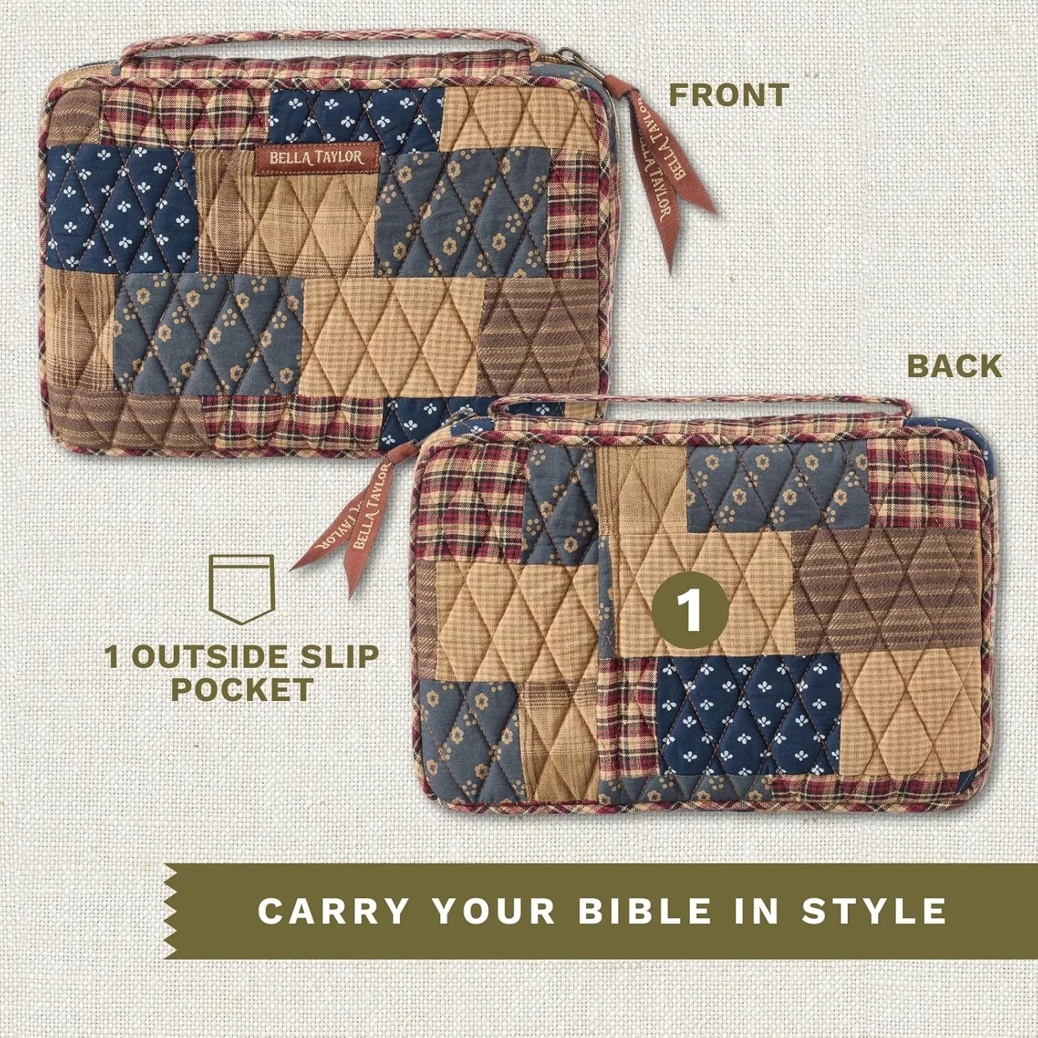 Bella Taylor Small Bible Cover for Women - Quilted Cotton Bible Case for 6 x 9 inch Books - Primitive Patch