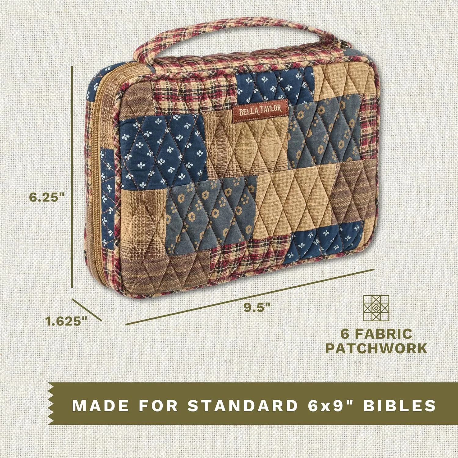 Bella Taylor Small Bible Cover for Women - Quilted Cotton Bible Case for 6 x 9 inch Books - Primitive Patch