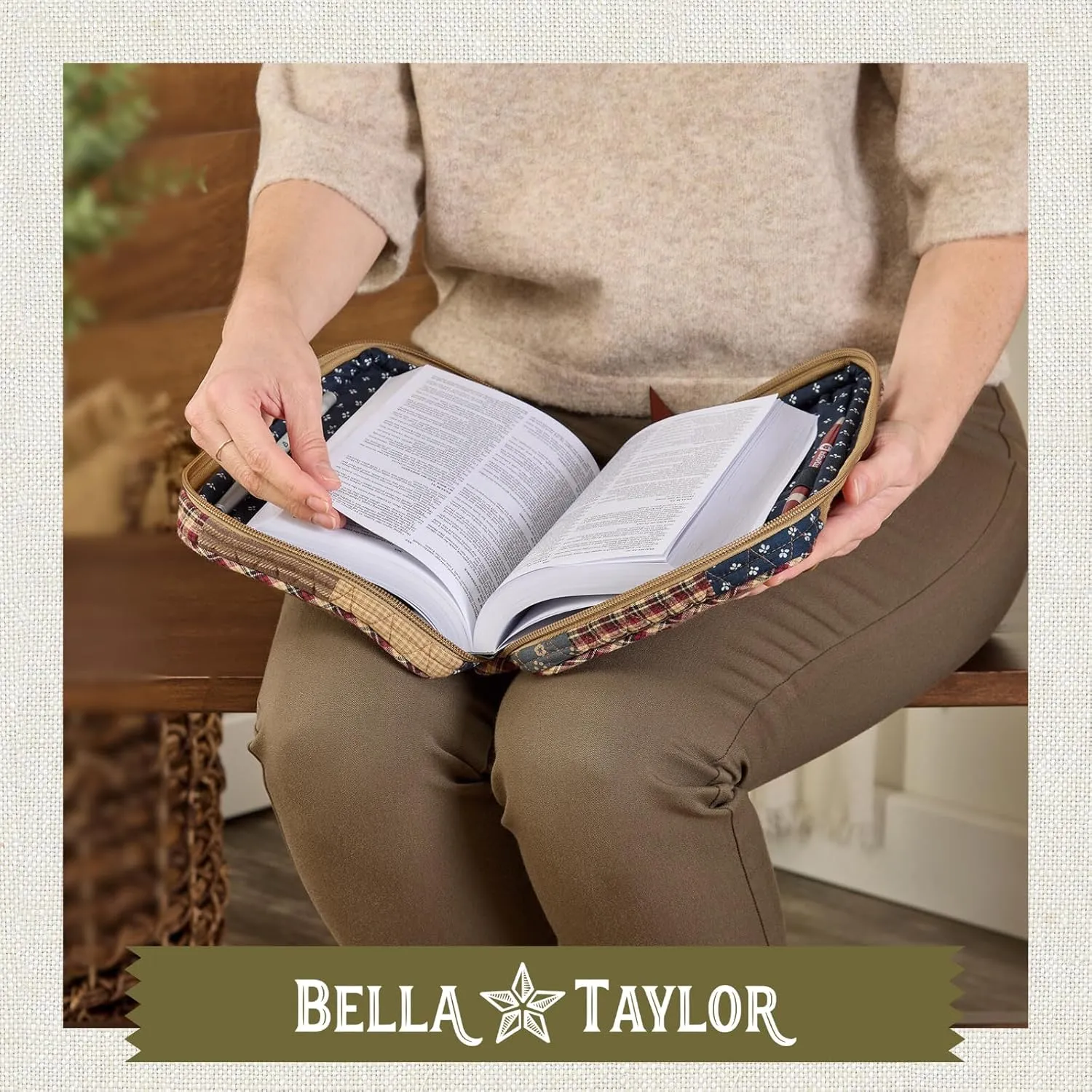 Bella Taylor Small Bible Cover for Women - Quilted Cotton Bible Case for 6 x 9 inch Books - Primitive Patch