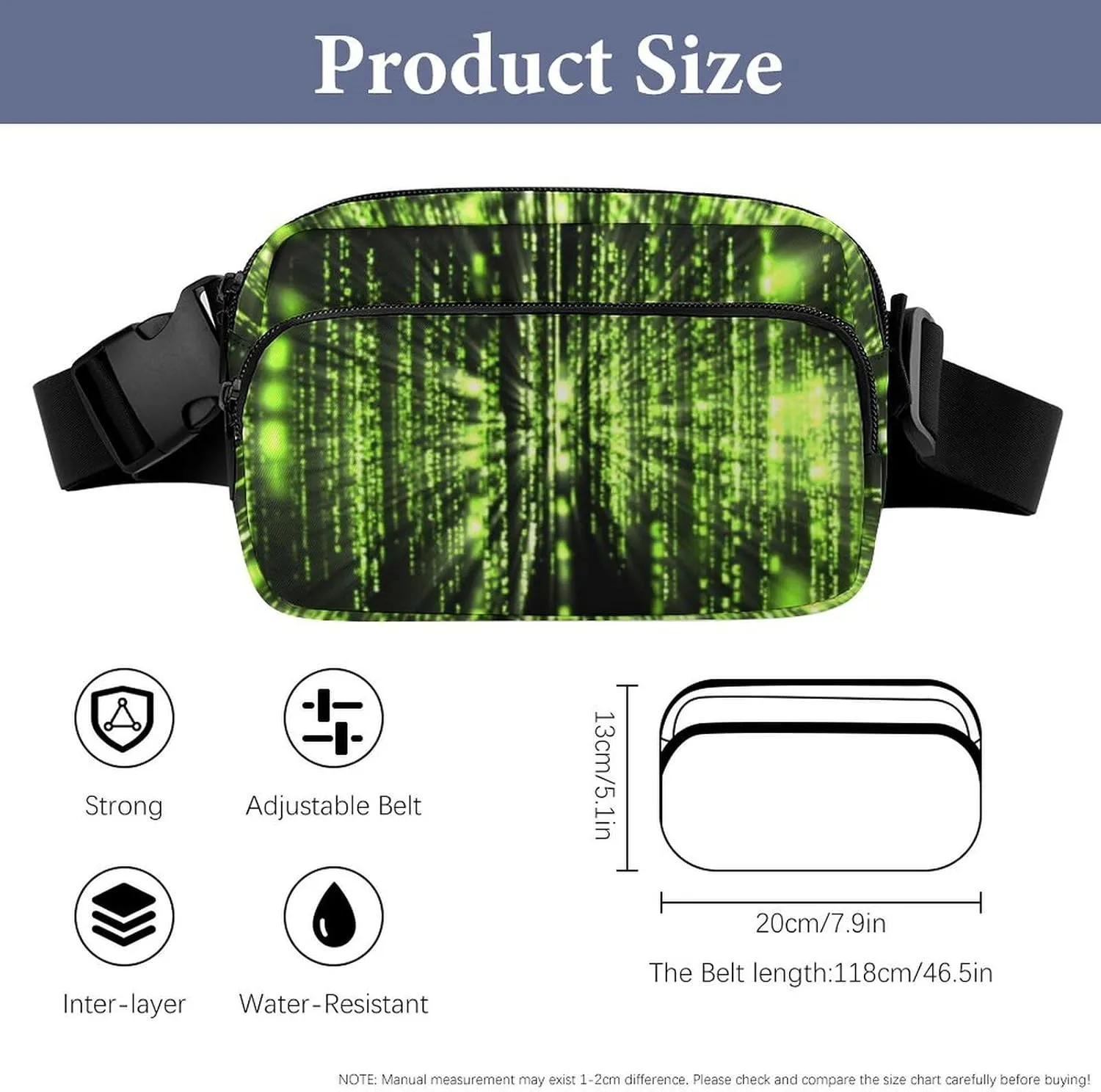 Belt Bag with Adjustable Strap for Women Men, Crossbody Fanny Bag Sparkling Black And Green Neon Lights, Waist Pack for Hiking Workout Sports Travel Black