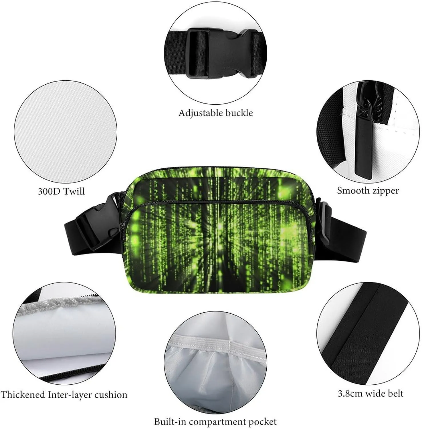 Belt Bag with Adjustable Strap for Women Men, Crossbody Fanny Bag Sparkling Black And Green Neon Lights, Waist Pack for Hiking Workout Sports Travel Black