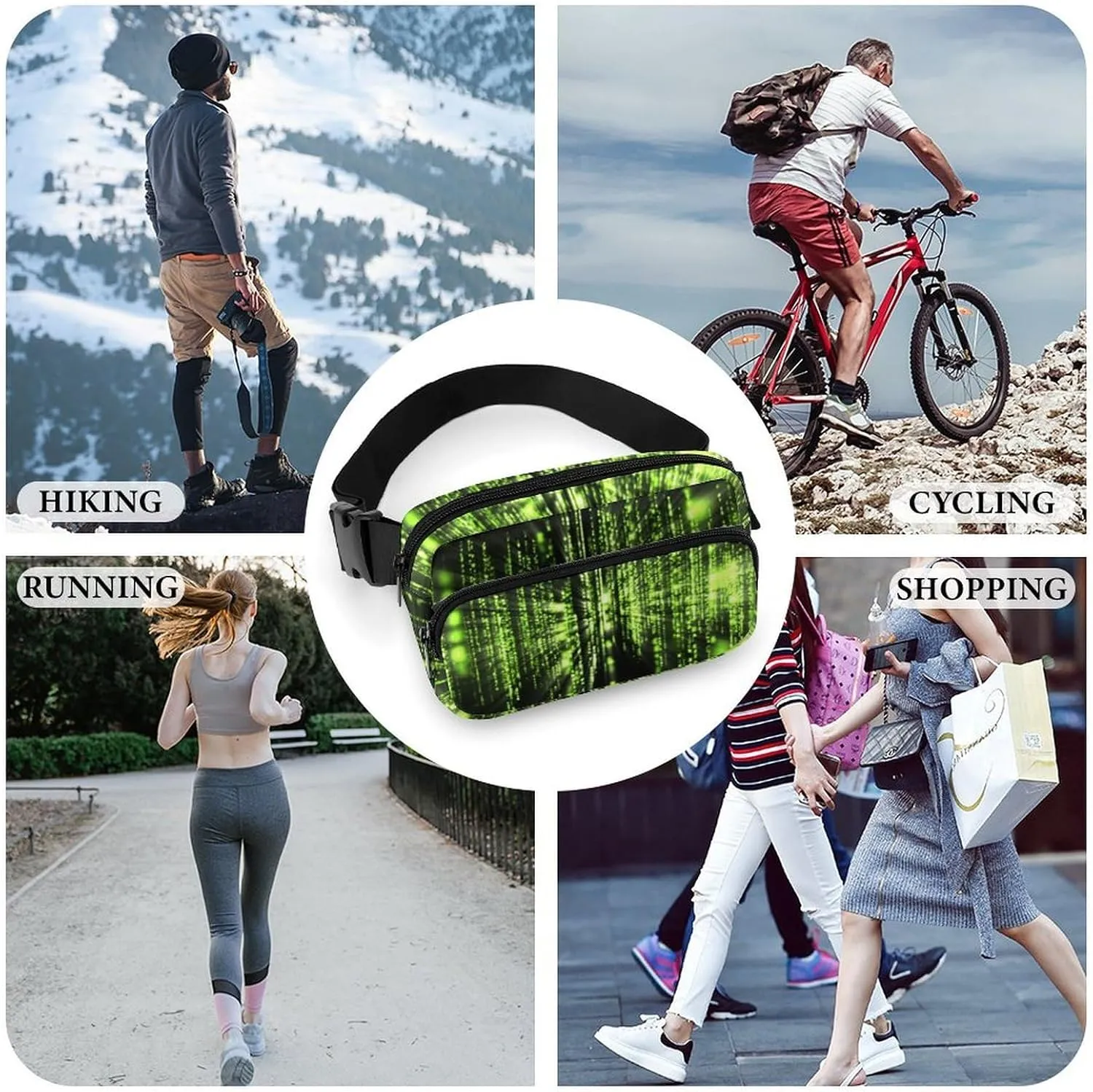 Belt Bag with Adjustable Strap for Women Men, Crossbody Fanny Bag Sparkling Black And Green Neon Lights, Waist Pack for Hiking Workout Sports Travel Black