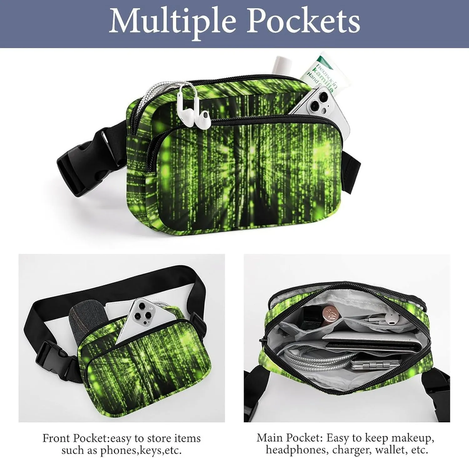 Belt Bag with Adjustable Strap for Women Men, Crossbody Fanny Bag Sparkling Black And Green Neon Lights, Waist Pack for Hiking Workout Sports Travel Black