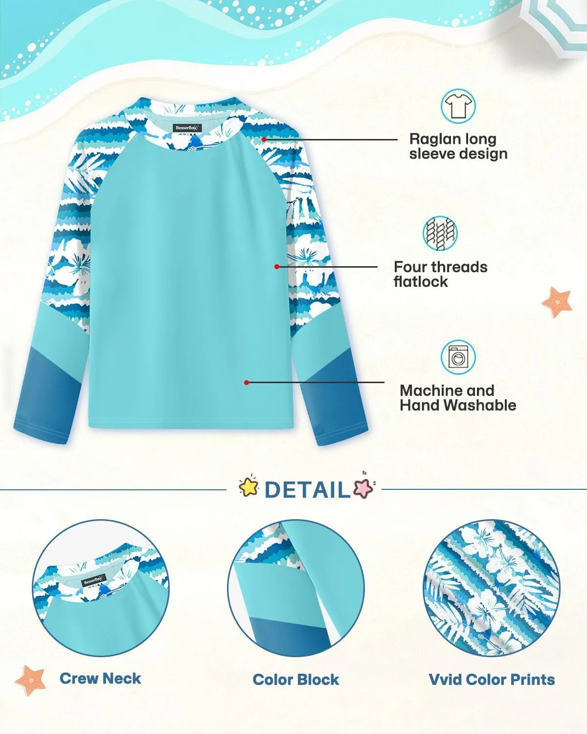 BesserBay Girl's UPF 50  Quick-Dry Tropical Long Sleeve Rash Guard Shirt 4-14 Years