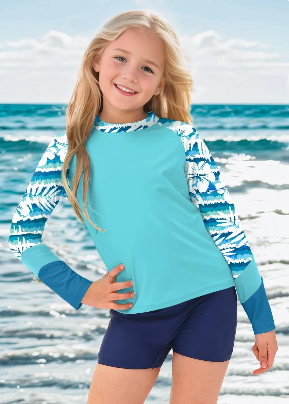 BesserBay Girl's UPF 50  Quick-Dry Tropical Long Sleeve Rash Guard Shirt 4-14 Years