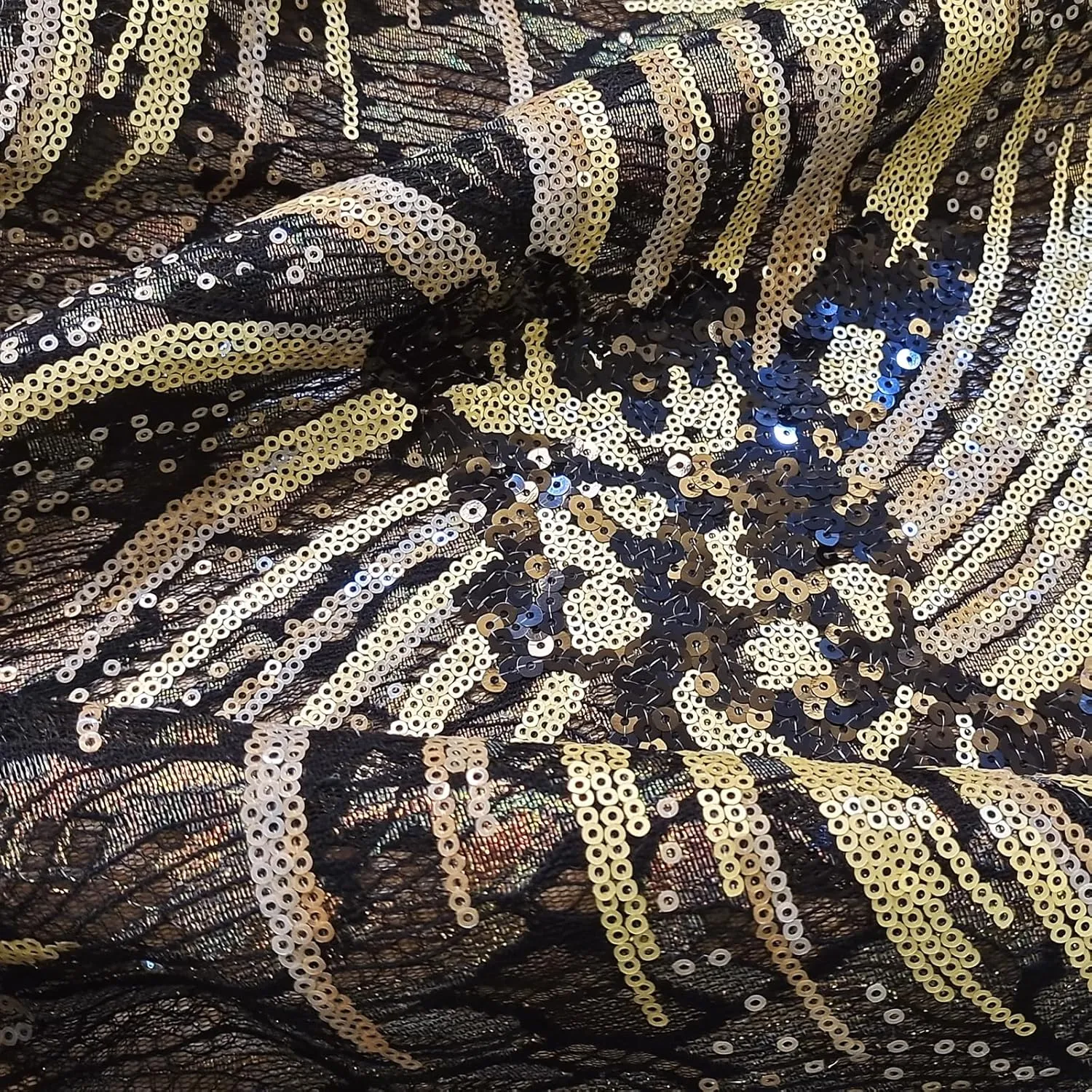 Bestway Lace Sequins African Lace Fabric 5 Yards Rhinestones Embroidery Net Tulle Lace Material for Nigerian Wedding Party Dress (Black and Gold)