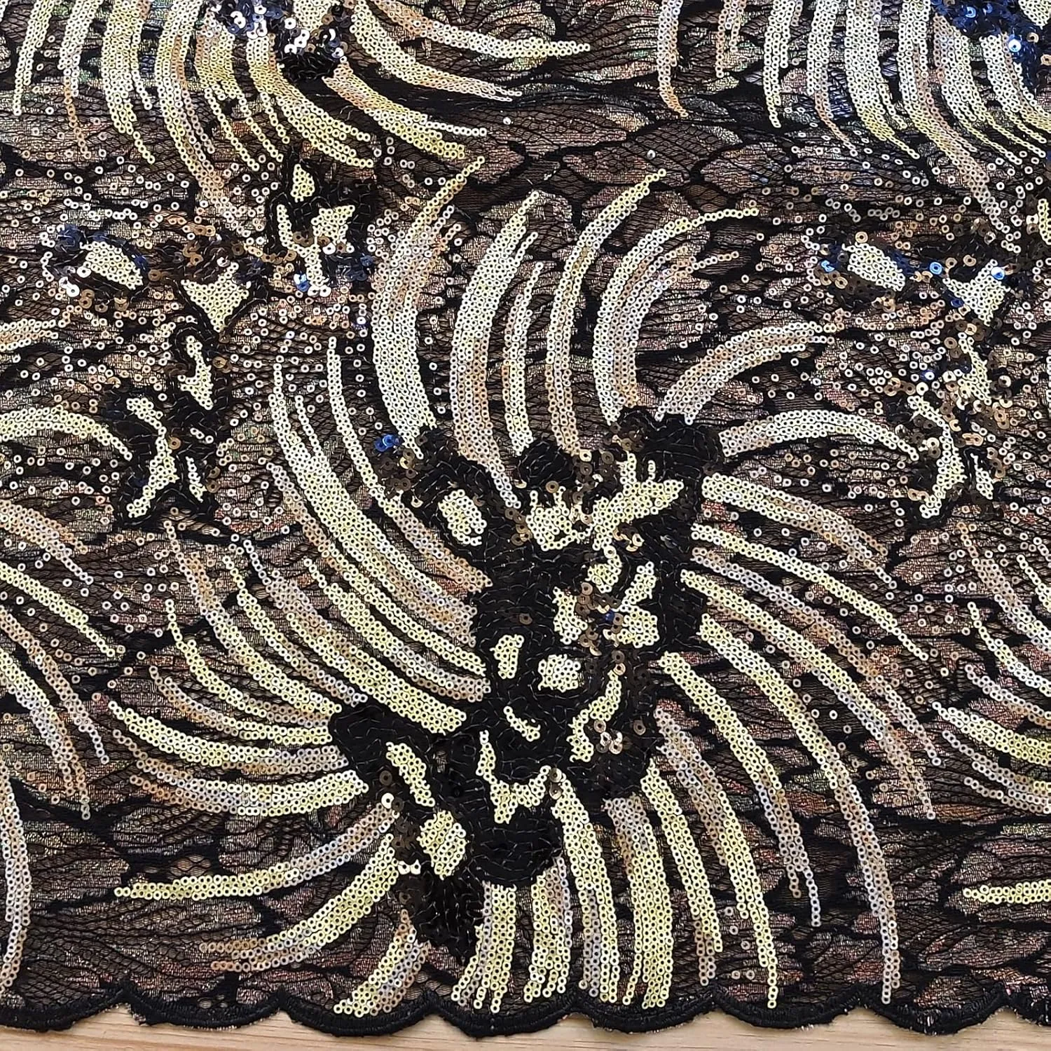 Bestway Lace Sequins African Lace Fabric 5 Yards Rhinestones Embroidery Net Tulle Lace Material for Nigerian Wedding Party Dress (Black and Gold)