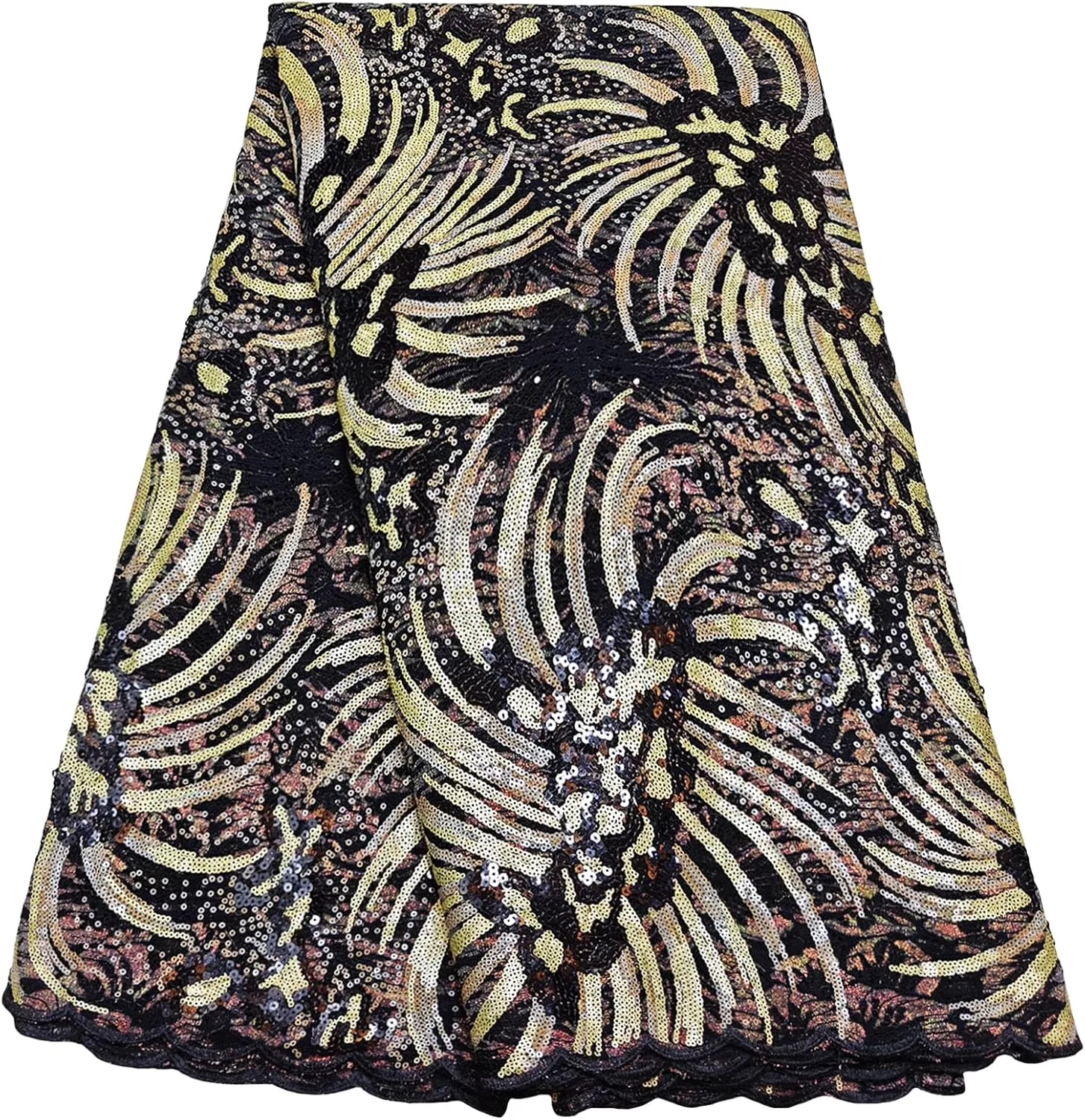 Bestway Lace Sequins African Lace Fabric 5 Yards Rhinestones Embroidery Net Tulle Lace Material for Nigerian Wedding Party Dress (Black and Gold)