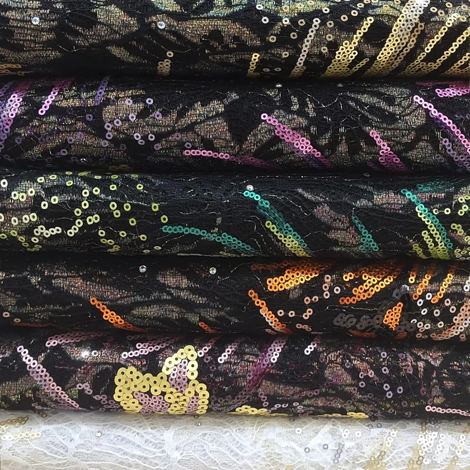 Bestway Lace Sequins African Lace Fabric 5 Yards Rhinestones Embroidery Net Tulle Lace Material for Nigerian Wedding Party Dress (Black and Gold)