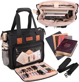 Bible Cover Bag for Woman with Water Bottle Pockets, Bible Case Church Bag for Bible Study Items with Shoulder Strap, Black