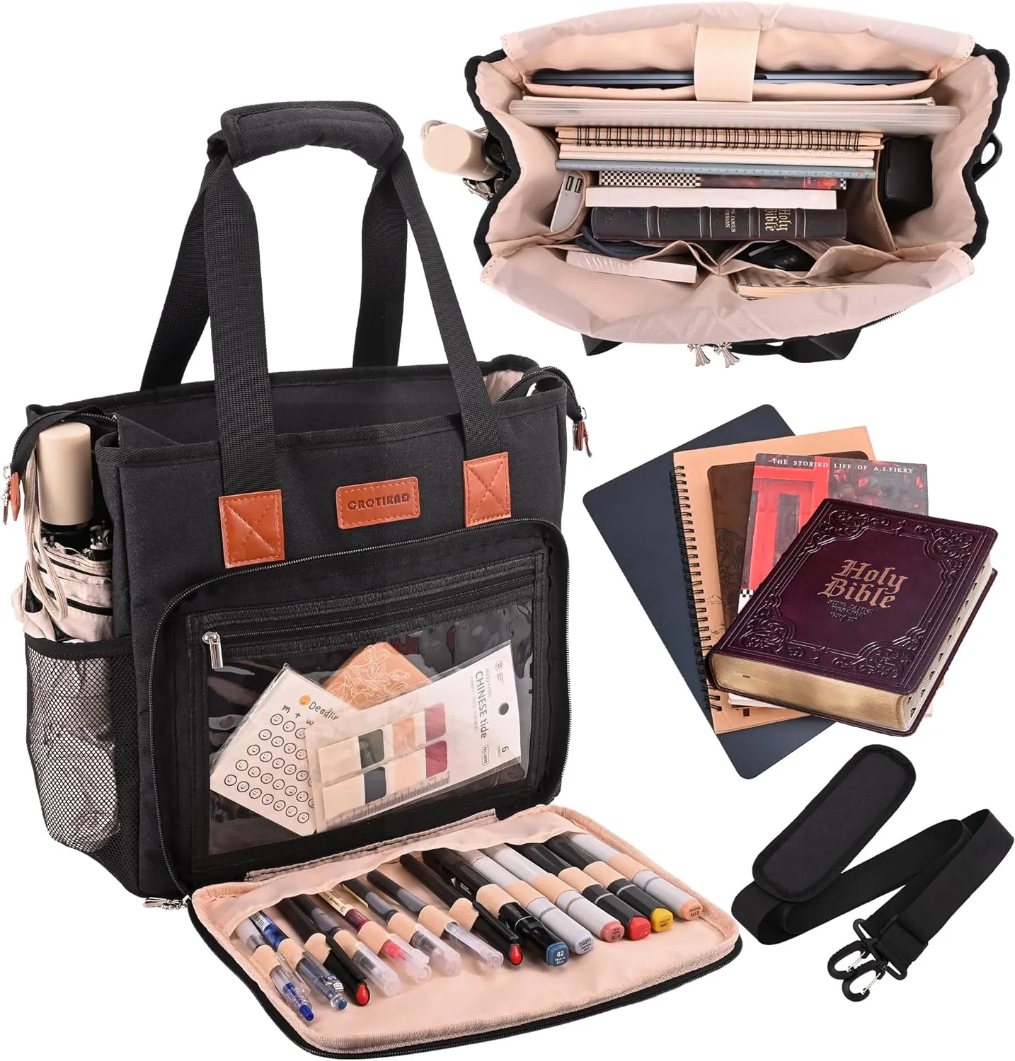 Bible Cover Bag for Woman with Water Bottle Pockets, Bible Case Church Bag for Bible Study Items with Shoulder Strap, Black