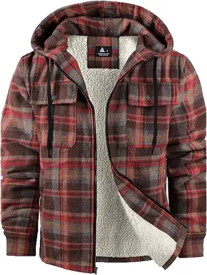 Big and Tall Flannel Jacket for Men Cotton Plaid Fleece Lined Hoodies Sherpa Full Zip Plus Size Fall Winter Warm Coat