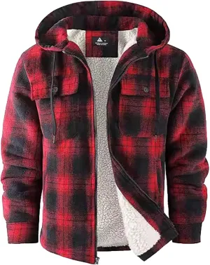 Big and Tall Flannel Jacket for Men Cotton Plaid Fleece Lined Hoodies Sherpa Full Zip Plus Size Fall Winter Warm Coat