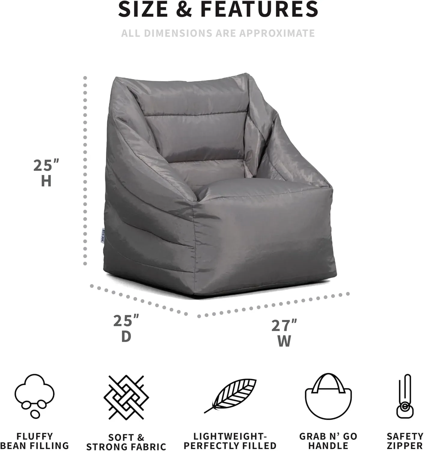 Big Joe Aurora Bean Bag Chair, Graphite Smartmax, Durable Polyester Nylon Blend, 2.2 feet