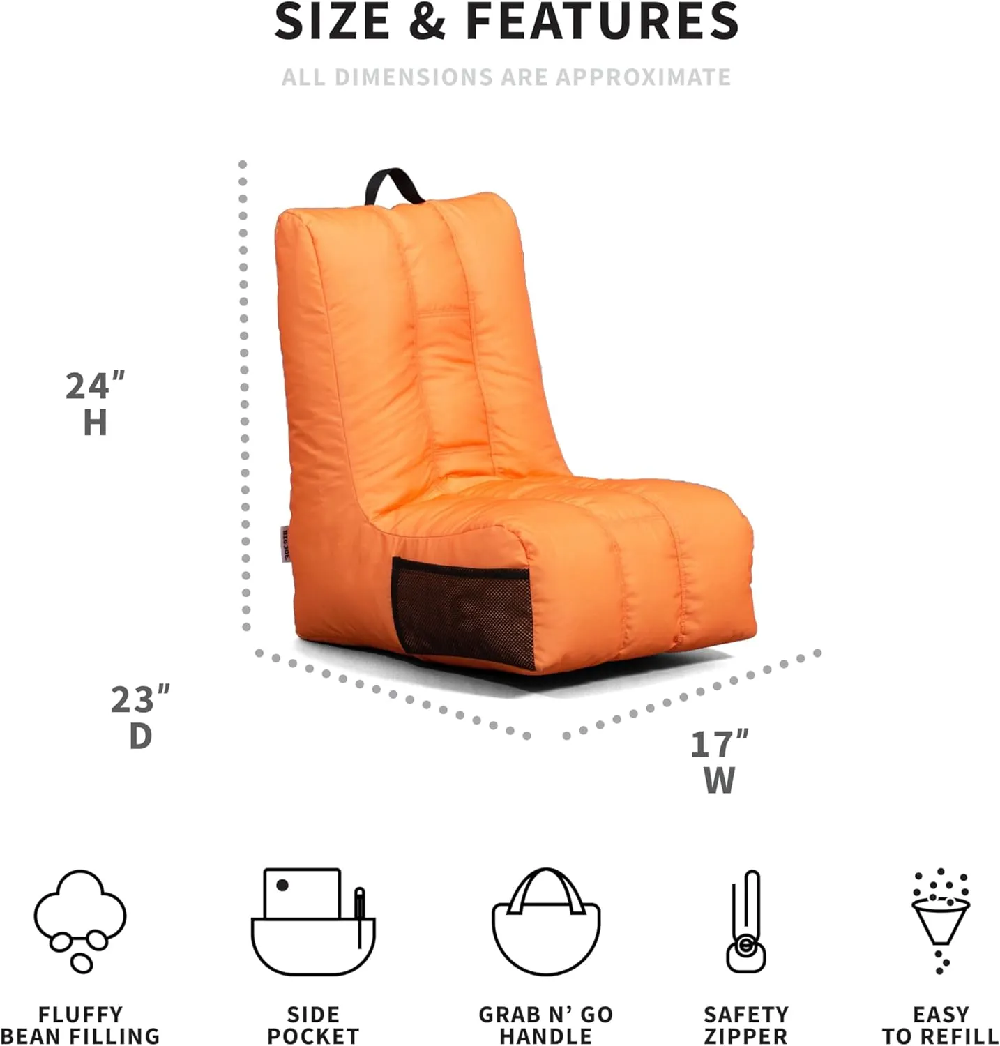Big Joe Video Lounger Bean Bag Chair, Tangerine Smartmax, 2 feet