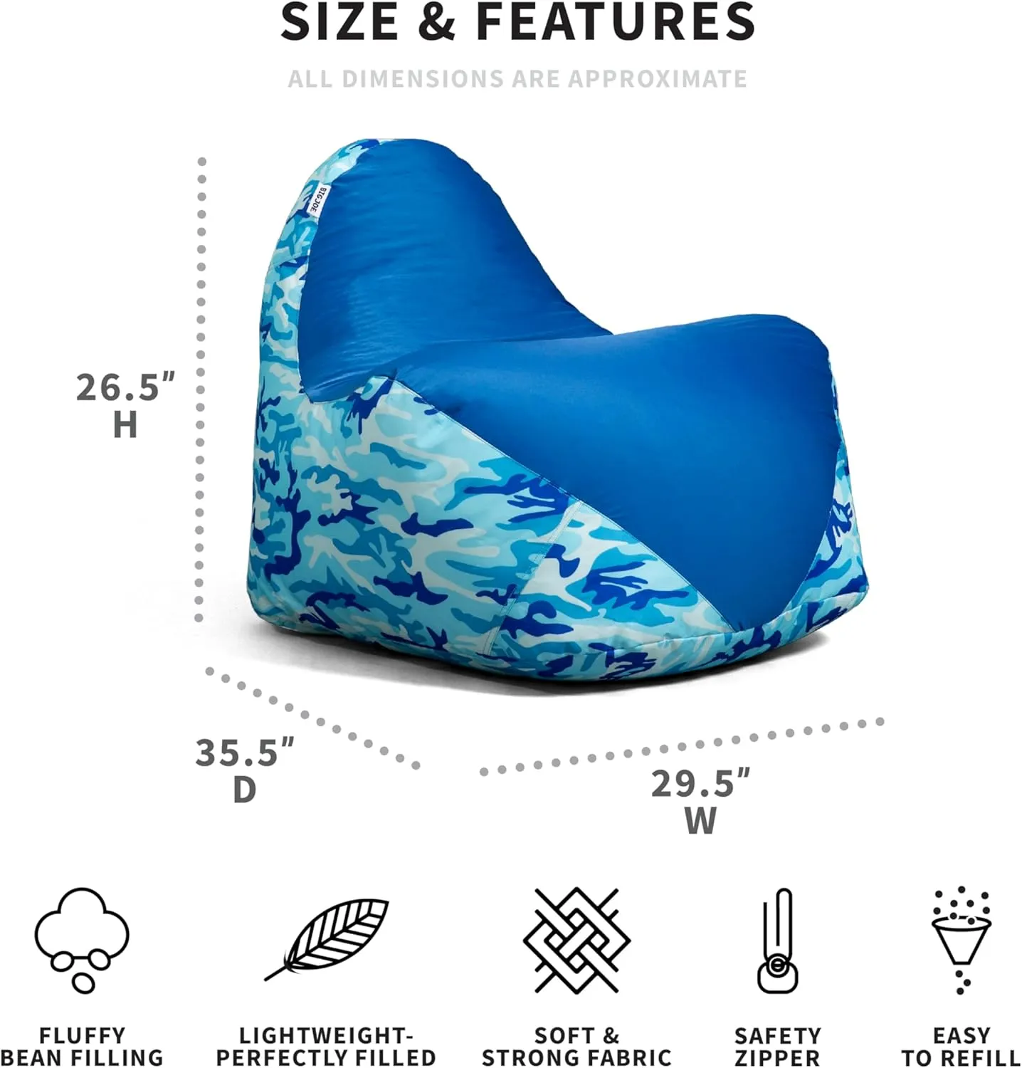 Big Joe Warp Bean Bag Chair, Blue Woodland Camo Smartmax, Durable Polyester Nylon Blend, 3 feet
