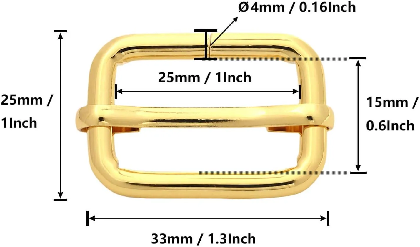 BIKICOCO Metal Slide Adjuster Buckle Tri-Glides with Movable Center Bar, for Straps, 1 x 0.6 Inch, Gold, Pack of 30