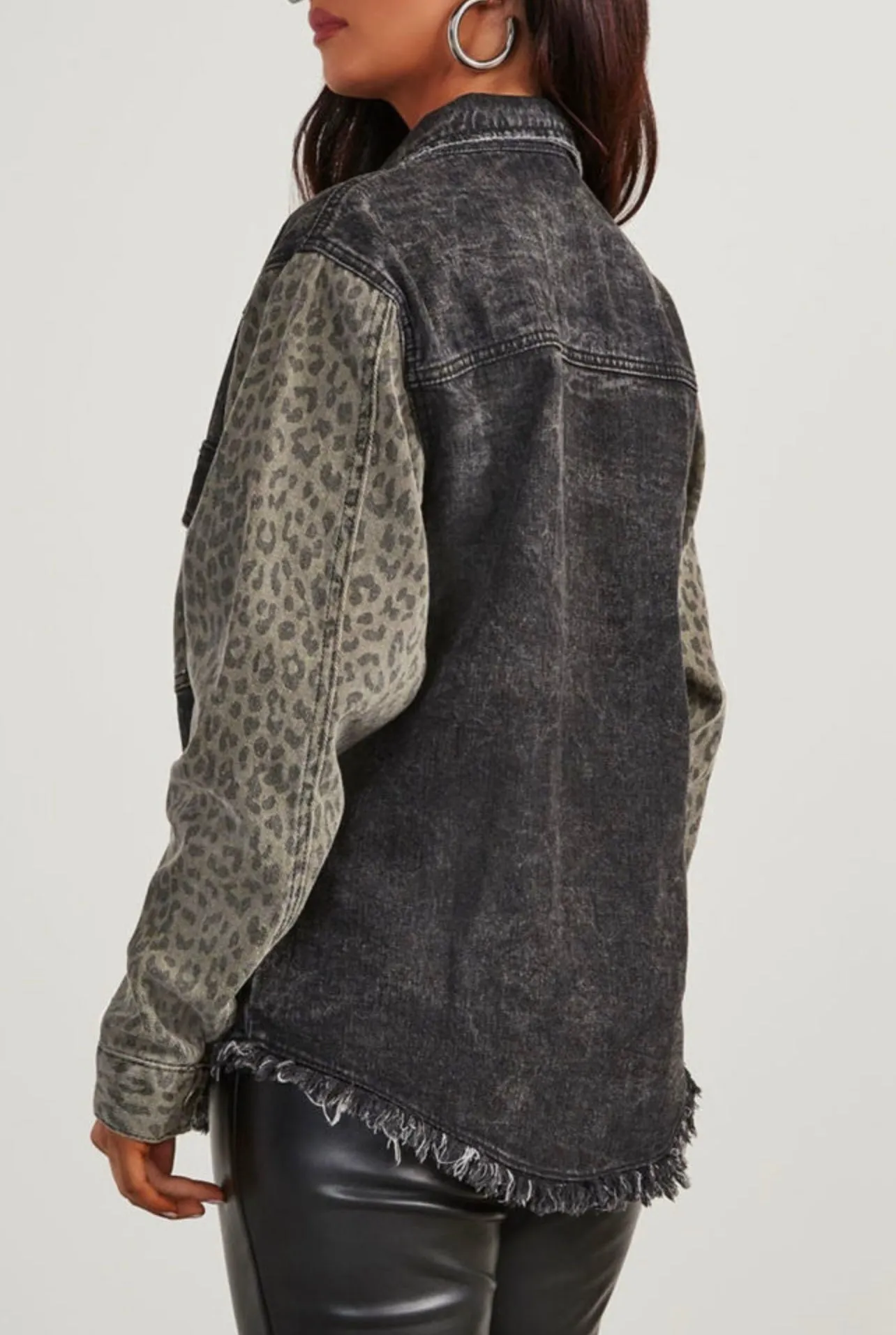Black Leopard Vintage Raw Hem Jacket