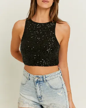 Black Sequin Vest Crop Top
