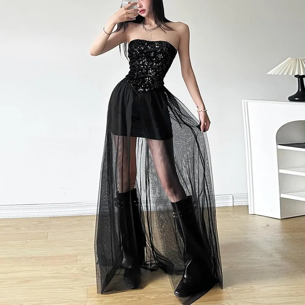 Black Sheer Mesh Sequin Strapless Maxi Dress