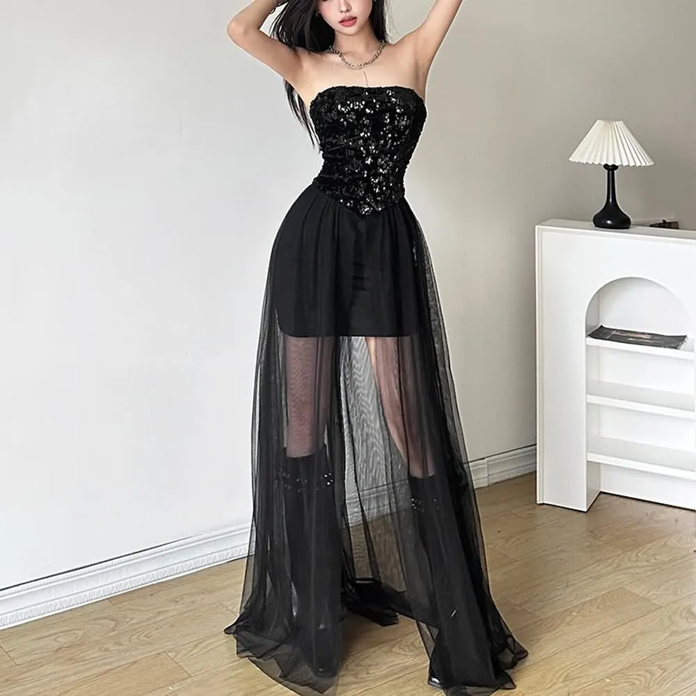 Black Sheer Mesh Sequin Strapless Maxi Dress