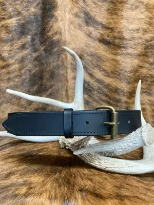 Black Water Buffalo Dress Belts - Black Stitching, Antique Brass Roller Buckle