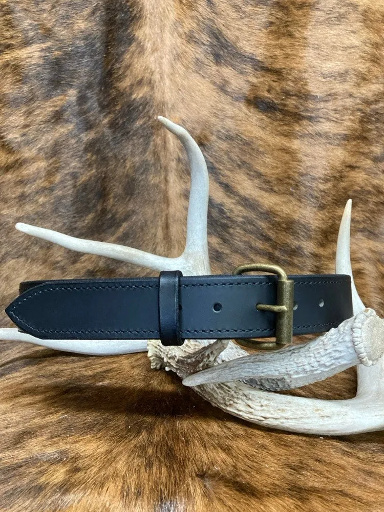 Black Water Buffalo Dress Belts - Black Stitching, Antique Brass Roller Buckle