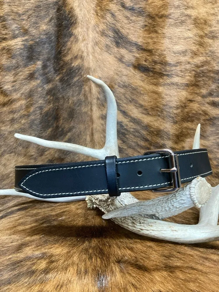 Black Water Buffalo Dress Belts - Black Stitching, Nickel Roller Buckle