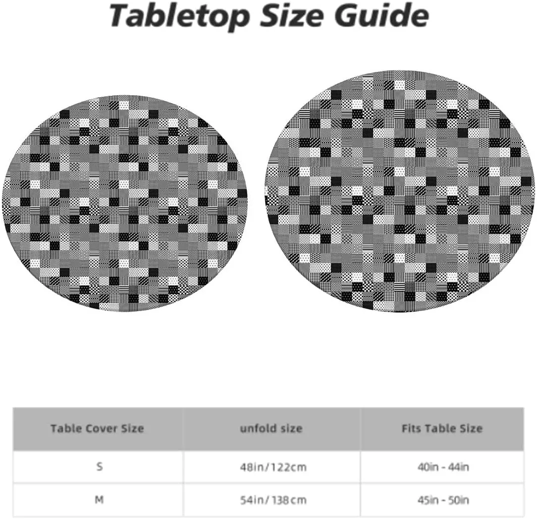 Black White Grey Round Tablecloth with Elastic Edges Scarf Patterns in Patchwork Soft-Touch Fitted Table Cloth, Waterproof Oil-Proof Table Cover Plaid Striped Fits up 40"-44" Diameter Tables