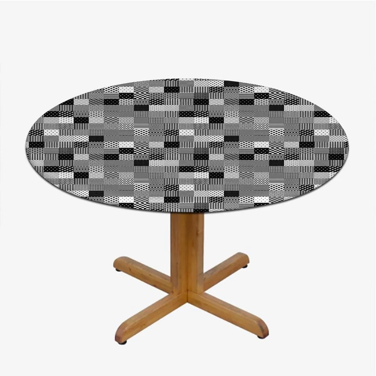 Black White Grey Round Tablecloth with Elastic Edges Scarf Patterns in Patchwork Soft-Touch Fitted Table Cloth, Waterproof Oil-Proof Table Cover Plaid Striped Fits up 40"-44" Diameter Tables
