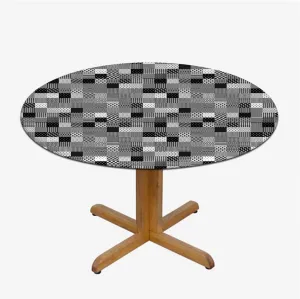 Black White Grey Round Tablecloth with Elastic Edges Scarf Patterns in Patchwork Soft-Touch Fitted Table Cloth, Waterproof Oil-Proof Table Cover Plaid Striped Fits up 40"-44" Diameter Tables