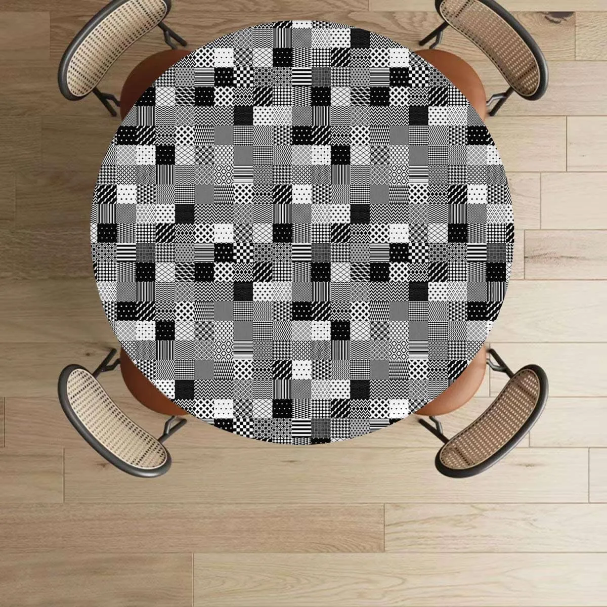 Black White Grey Round Tablecloth with Elastic Edges Scarf Patterns in Patchwork Soft-Touch Fitted Table Cloth, Waterproof Oil-Proof Table Cover Plaid Striped Fits up 40"-44" Diameter Tables