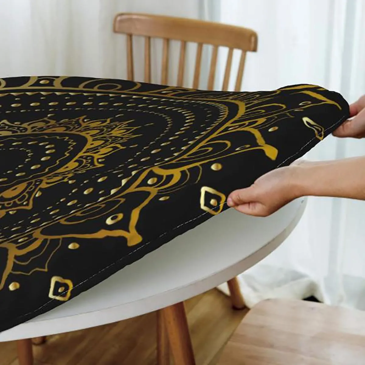 Black White Grey Round Tablecloth with Elastic Edges Scarf Patterns in Patchwork Soft-Touch Fitted Table Cloth, Waterproof Oil-Proof Table Cover Plaid Striped Fits up 40"-44" Diameter Tables