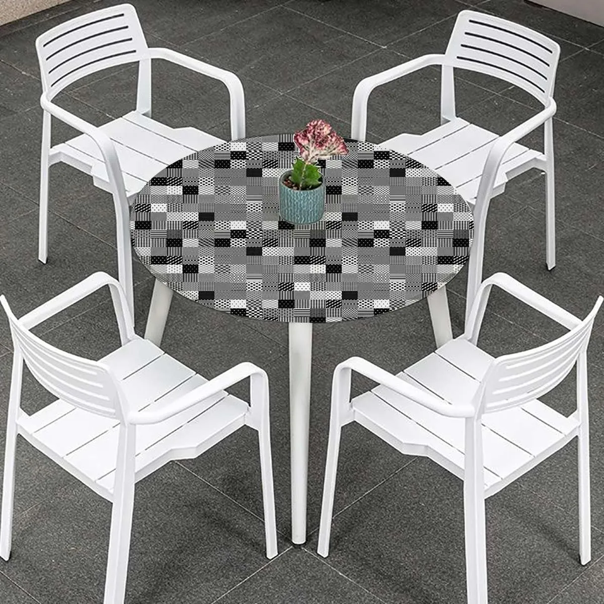 Black White Grey Round Tablecloth with Elastic Edges Scarf Patterns in Patchwork Soft-Touch Fitted Table Cloth, Waterproof Oil-Proof Table Cover Plaid Striped Fits up 40"-44" Diameter Tables