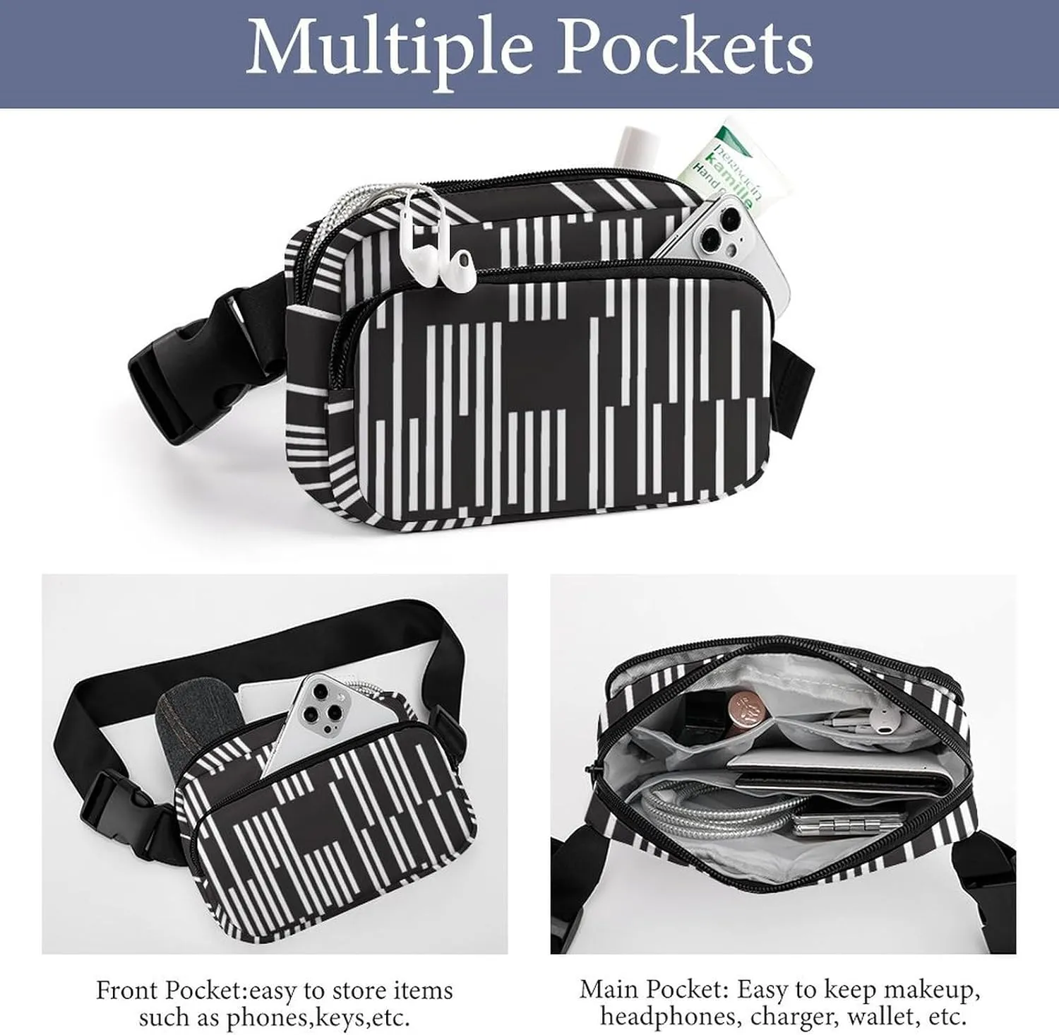 Black White Vertical Segments Belt Bag Fanny Pack for Women Men Stripes Crossbody Waist Bag Pack Adjustable Casual Bag for Travel Running Workout Cycling