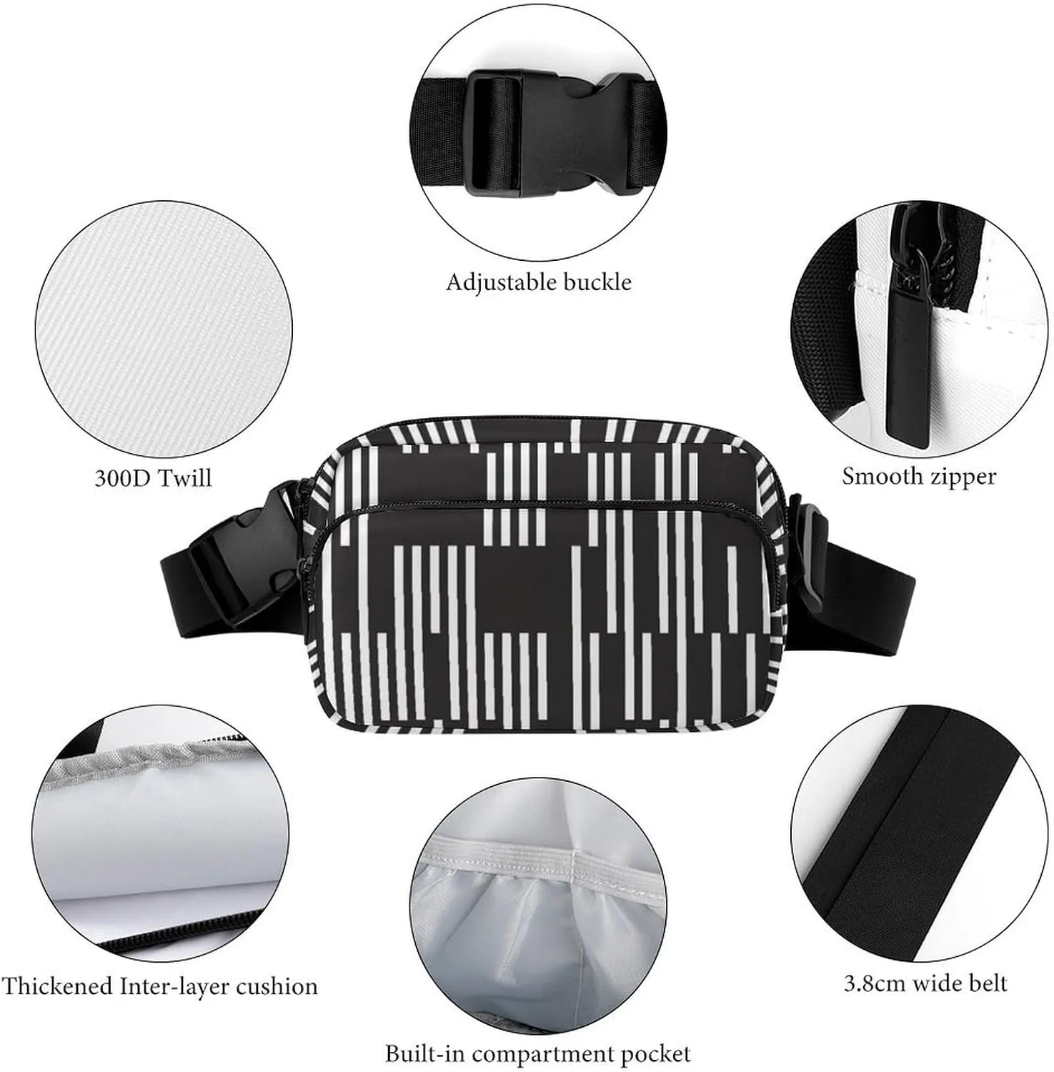 Black White Vertical Segments Belt Bag Fanny Pack for Women Men Stripes Crossbody Waist Bag Pack Adjustable Casual Bag for Travel Running Workout Cycling