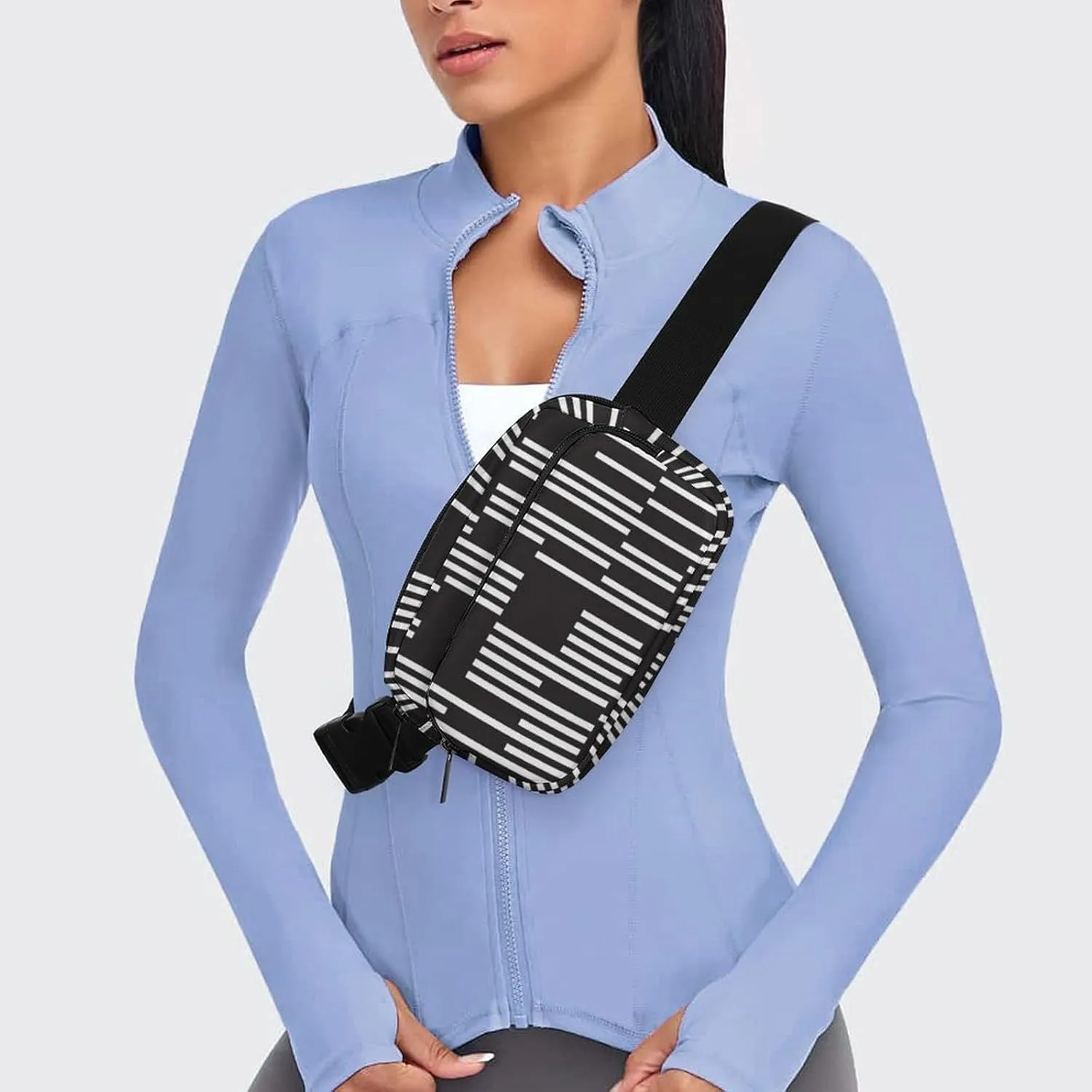 Black White Vertical Segments Belt Bag Fanny Pack for Women Men Stripes Crossbody Waist Bag Pack Adjustable Casual Bag for Travel Running Workout Cycling