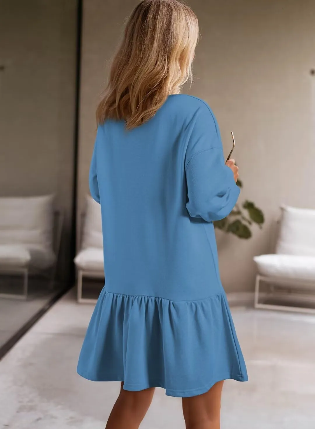 BLENCOT Womens 2025 Fall Long Sleeve Pullover Tops Crewneck Rib Knit Patchwork Sweatshirt Dress Casual Mini Dresses