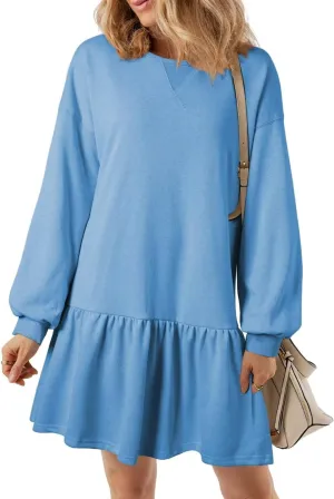 BLENCOT Womens 2025 Fall Long Sleeve Pullover Tops Crewneck Rib Knit Patchwork Sweatshirt Dress Casual Mini Dresses
