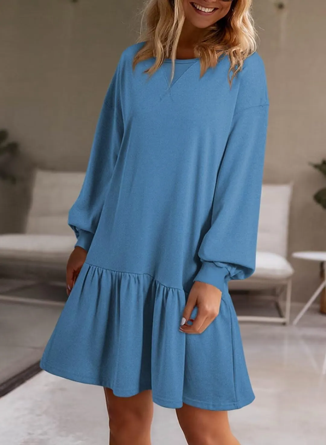 BLENCOT Womens 2025 Fall Long Sleeve Pullover Tops Crewneck Rib Knit Patchwork Sweatshirt Dress Casual Mini Dresses