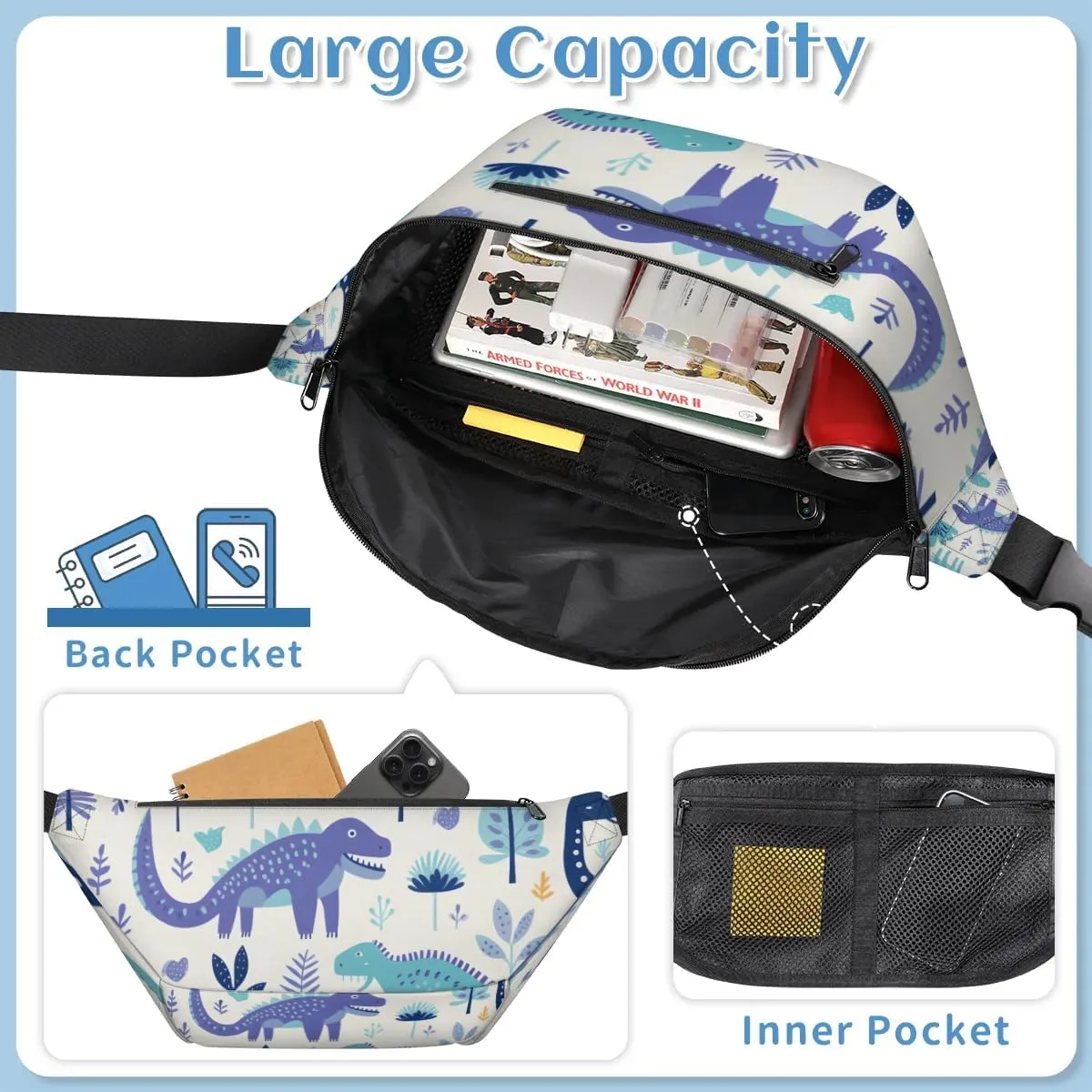 Blue Dinosaur Sling Bag Crossbody Backpack Chest Daypack for Women Sport Travel Hiking Casual Bag Multipurpose Waist Pack With Zipper Closure Adjustable Strap Shoulder Bag