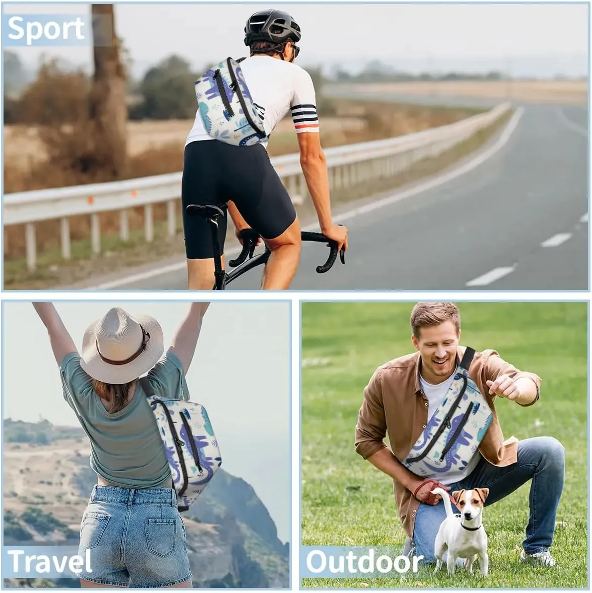 Blue Dinosaur Sling Bag Crossbody Backpack Chest Daypack for Women Sport Travel Hiking Casual Bag Multipurpose Waist Pack With Zipper Closure Adjustable Strap Shoulder Bag