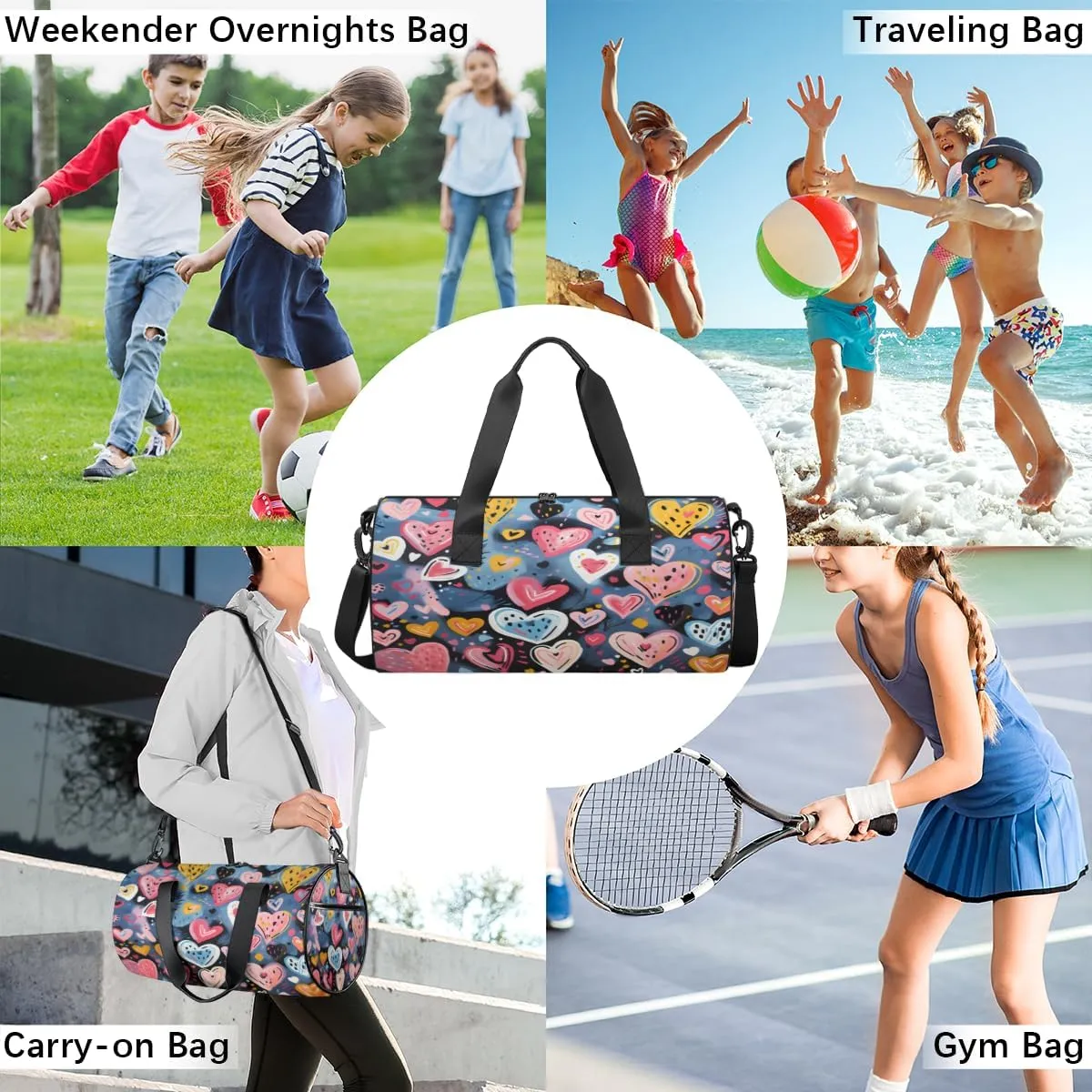 Blue Heart Cluster Sports Duffel Bag with Shoulder Strap, Large Capacity Gym Bag with Shoe Compartment, Water Resistant Travel Duffle Bag for Men Women Travel, Sports (17.6x9x9 Inch)