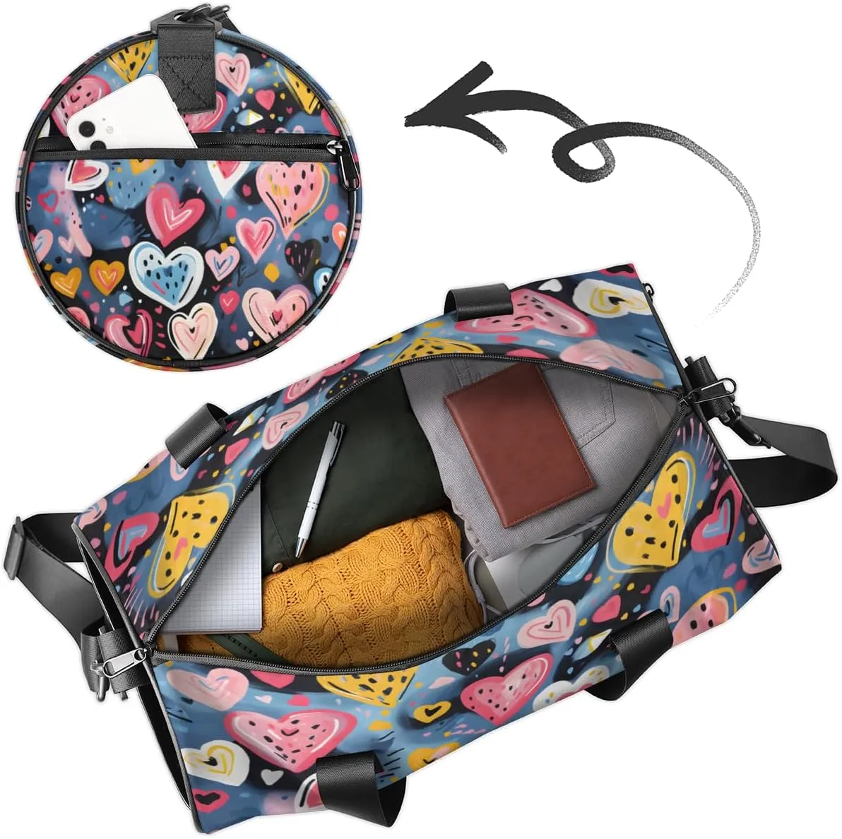 Blue Heart Cluster Sports Duffel Bag with Shoulder Strap, Large Capacity Gym Bag with Shoe Compartment, Water Resistant Travel Duffle Bag for Men Women Travel, Sports (17.6x9x9 Inch)