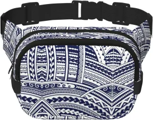 Blue Polynesian Maori Tribal Pattern Print Square Waist Purse Double Layer Fanny BagTrendy Travel Waist Bag for Men and Women